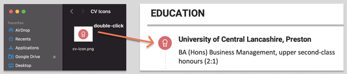 An image showing how to insert a CV icon into a Word document, with an orange arrow illustrating the path from the desktop folder to the spot where the icon goes in the document