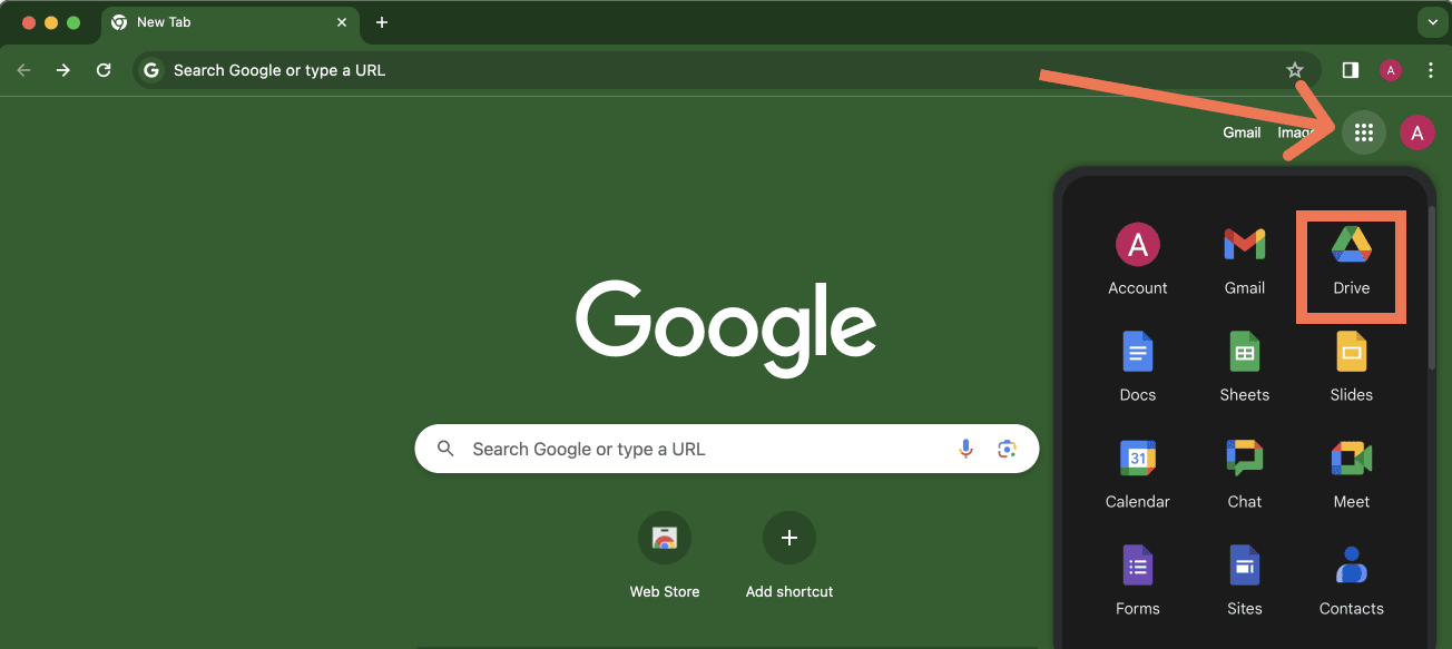 A green Google browser with the Google app menu open, an orange arrow pointing to the app menu icon, and an orange box around the Google Drive icon. This illustrates the first step to finding a Google Docs CV template.