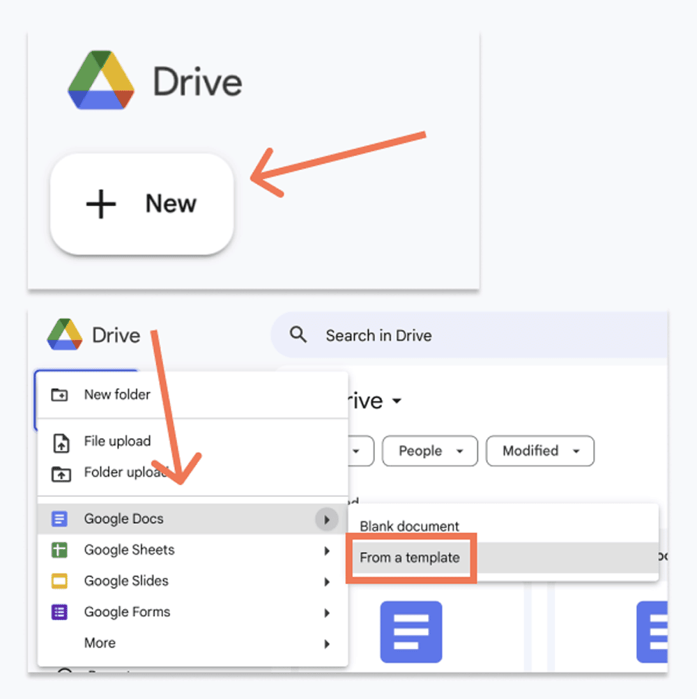 Orange arrows and an orange box show how to find templates in Google Drive. This illustrates the second step to finding a Google Docs CV template.