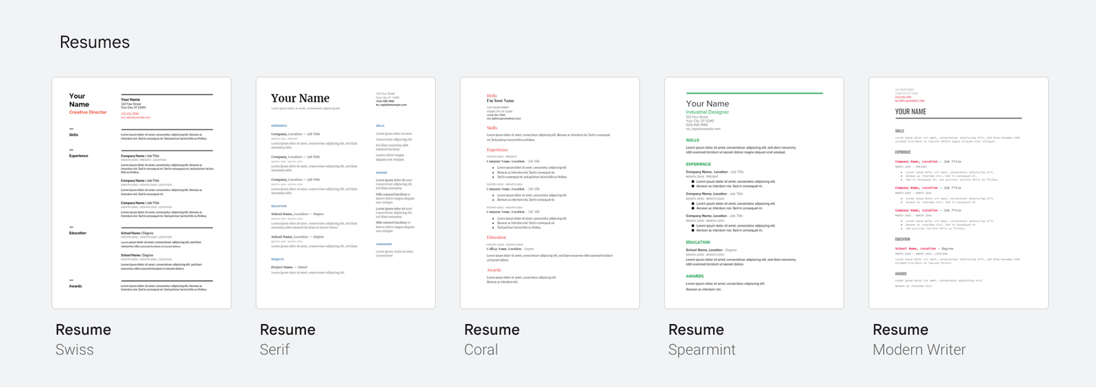 Thumbnails of the 5 Google Docs CV template options.