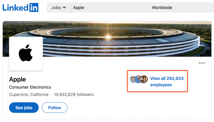 A screenshot of Apple's company profile in LinkedIn to illustrate how to find 'To Whom It May Concern' alternatives