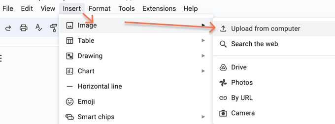 An image that shows how to insert CV icons into a Google Doc, with the path highlighted by orange arrows