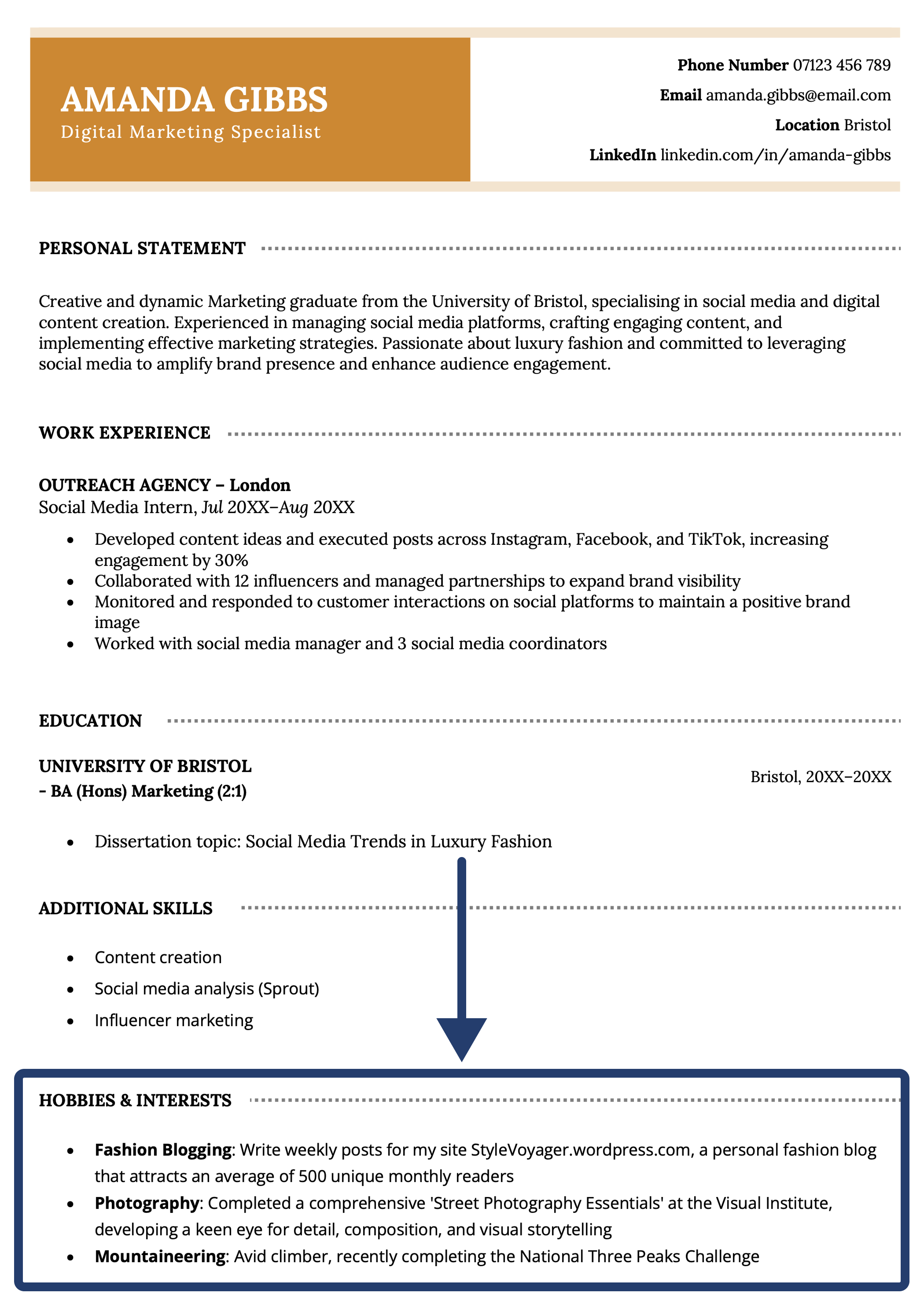 An example showing where to list hobbies and interests on your CV.
