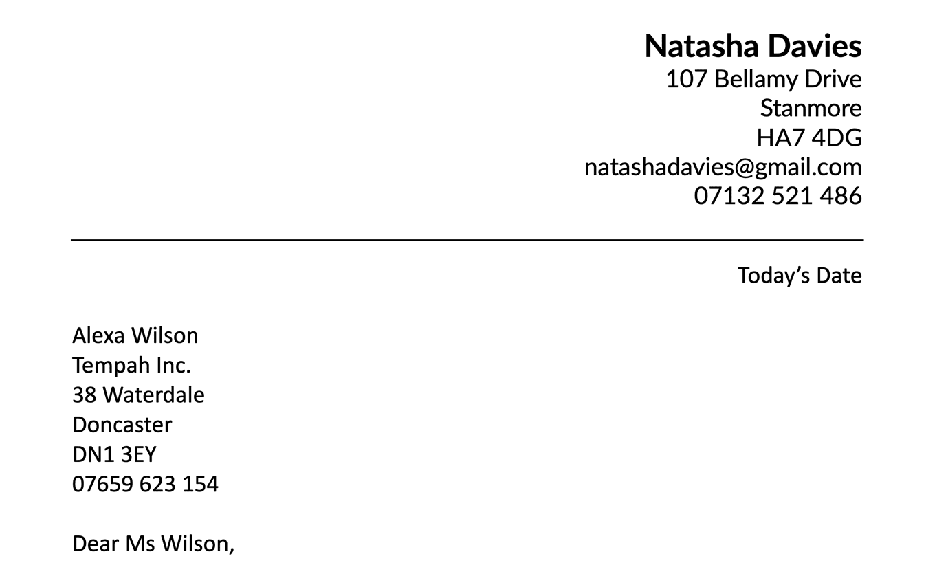 An example of how to put addresses on a cover letter, showing the applicant's name, contact information, and date on the right, and the employer's contact information on the left