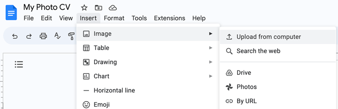 A screenshot that shows how to put a photo on a CV in Google Docs