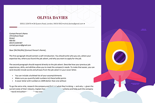 How to start a cover letter featured image with a sample cover letter and a cartoon rocket