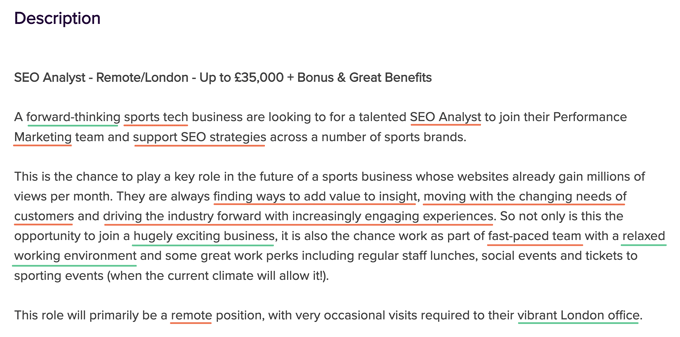Study the job advert to determine which keywords and what tone to use when you start your cover letter. A screenshot of a job ad with keywords underlined to illustrate how to start a cover letter with the right words and tone.
