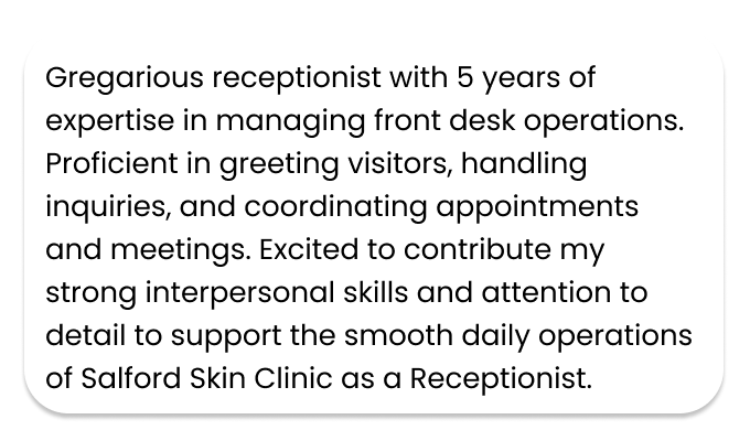 An example of how to start a CV for a receptionist job. It has black text on a white background.