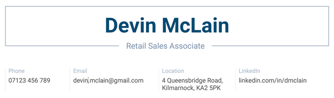 Use a professionally designed CV header to ensure your applicants makes the maximum impact. A CV header with the applicant's name outlined by a gray border, and their job title and contact information listed below.