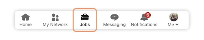 A LinkedIn menu bar with an orange frame circling the 'Jobs' section.