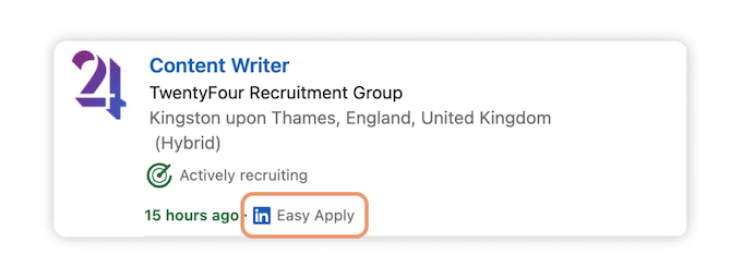 A LinkedIn job advert with an orange frame circling the 'Easy Apply' tag.