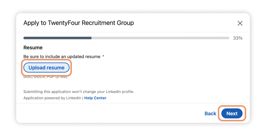A pop-up window with the option to upload your resume to LinkedIn and 'Next' button both circled in orange.