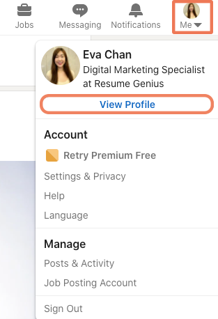 How to upload a CV on LinkedIn with featured media instructions using view profile button