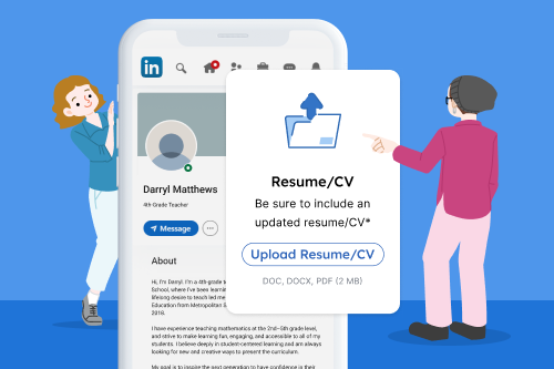A cartoon person shows another person a large smartphone to demonstrate how to upload a CV on LinkedIn.