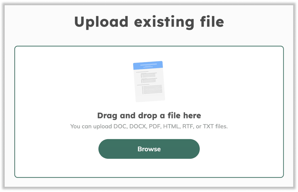 A CV checker upload screen with a picture of a Word document, drag-and-drop instructions, and a dark green 'Browse' button.