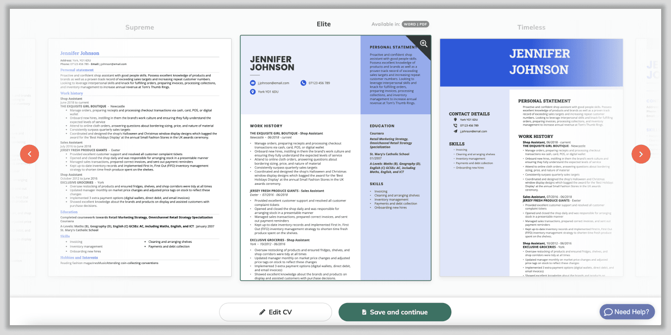 A CV checker's template gallery displaying 3 CV templates in blue.