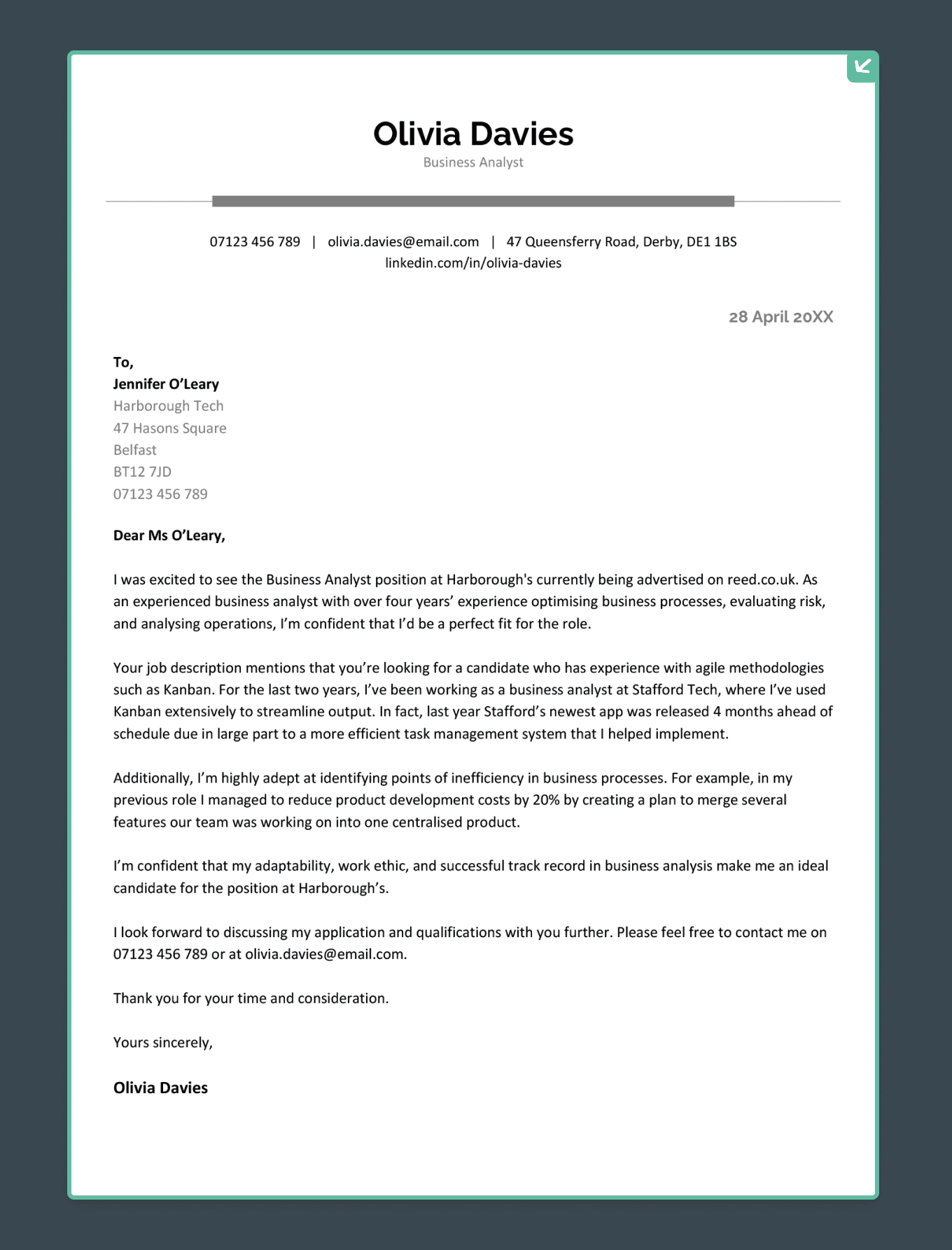 A cover letter with a green border.
