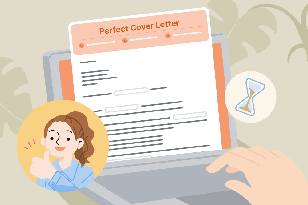 A cover letter with the heading "Perfect Cover Letter" is displayed on a laptop screen, with a woman giving a thumbs up beside it.