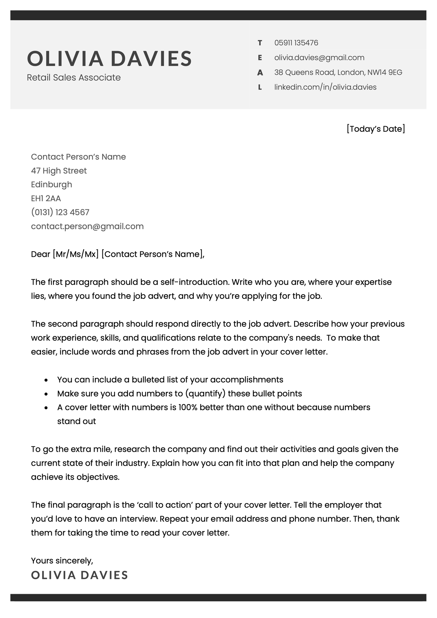 An example showing how to write a cover letter