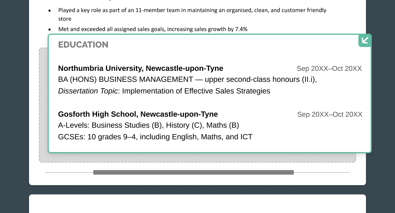 The first page of a CV with the education section highlighted in green.