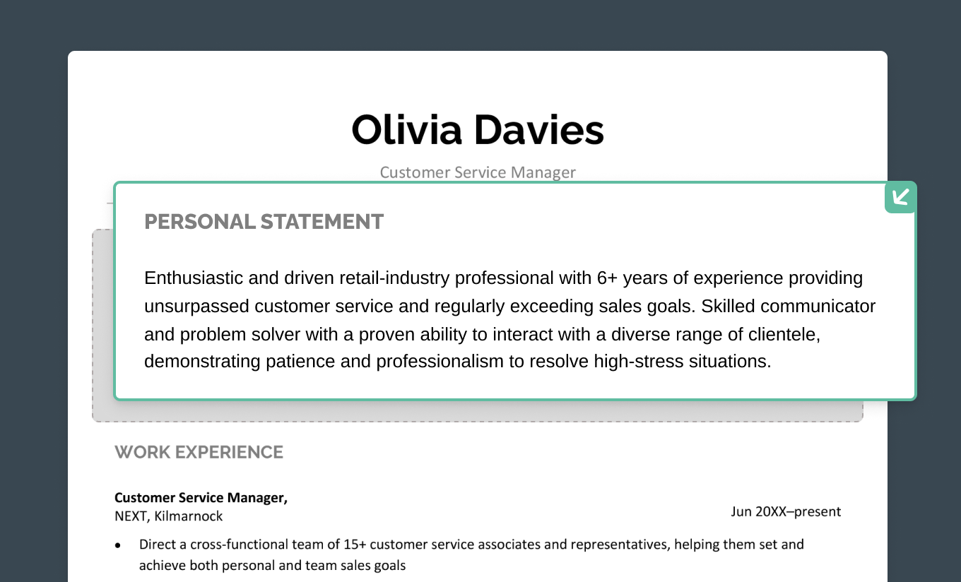 The first page of a CV with the personal statement highlighted in green