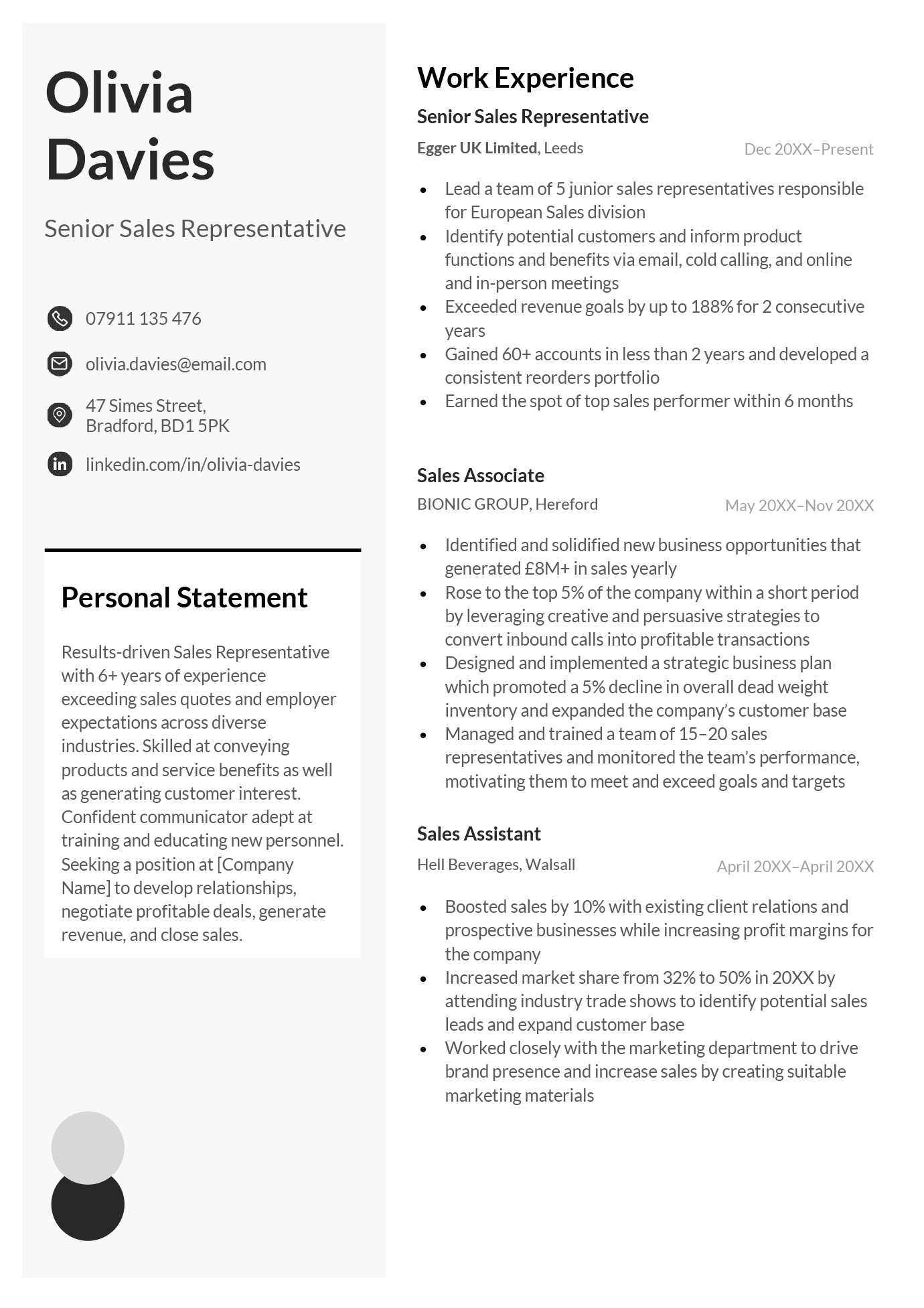 A template for making a standard CV, formatted across two columns.