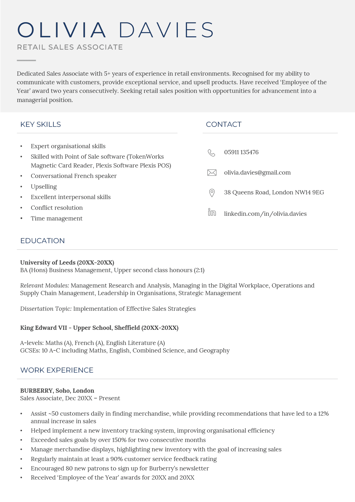 A template for making a creative CV, featuring a large key skills section and detailed education history.