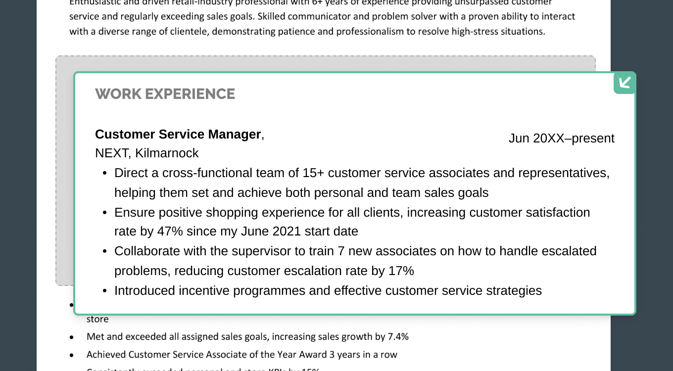 The first page of a CV with a work experience entry highlighted in green.