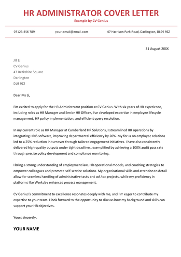 An HR administrator cover letter example for UK job seekers.
