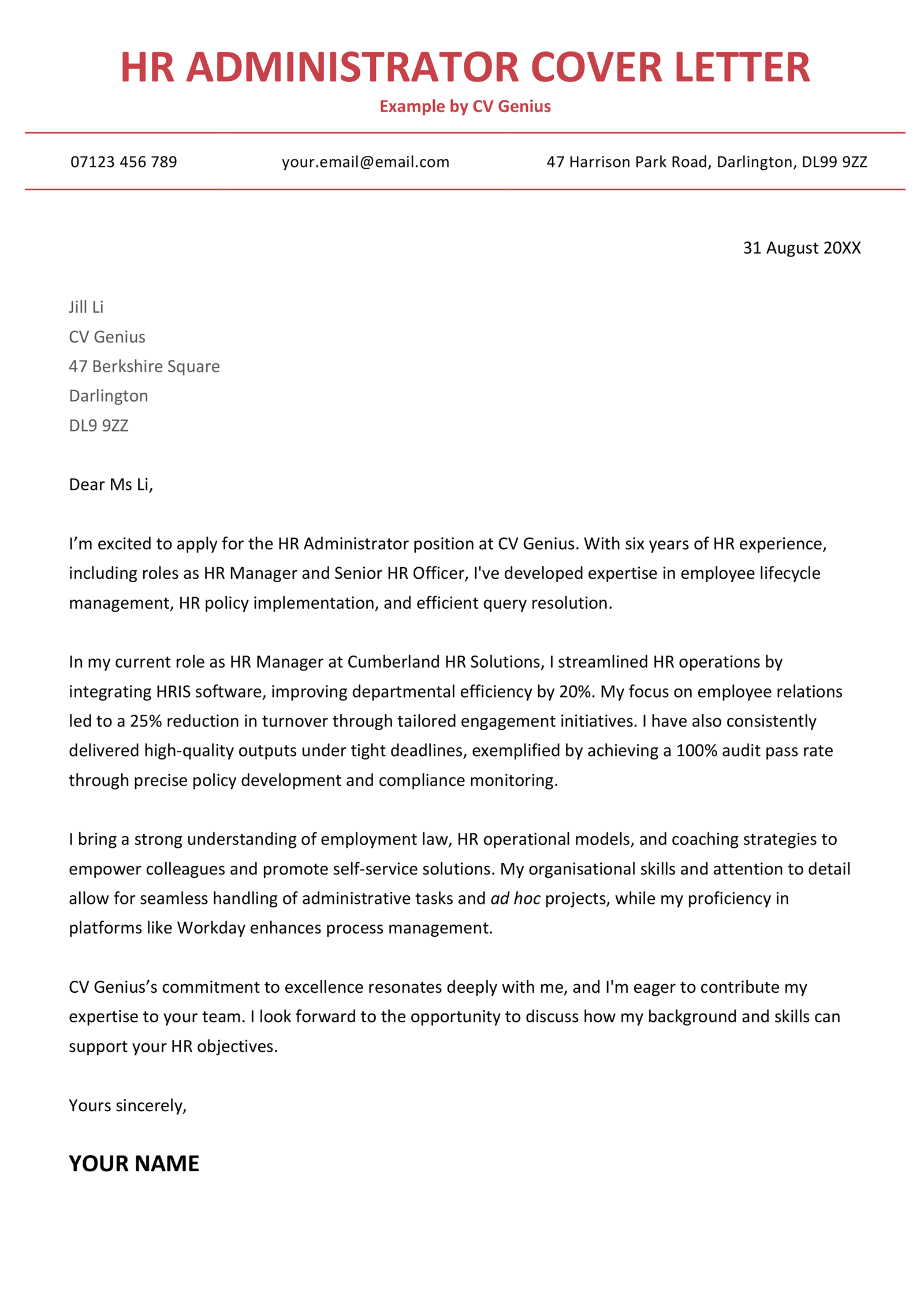 An HR administrator cover letter example for UK job seekers.