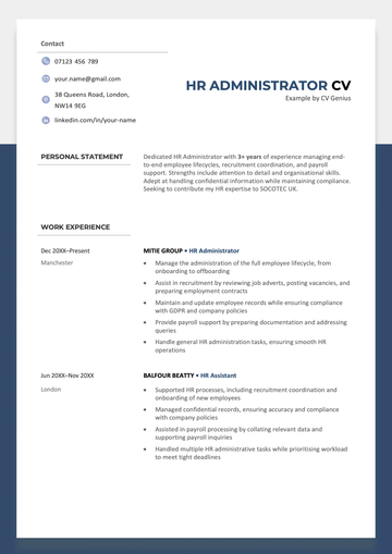 The first page of an HR administrator CV example.
