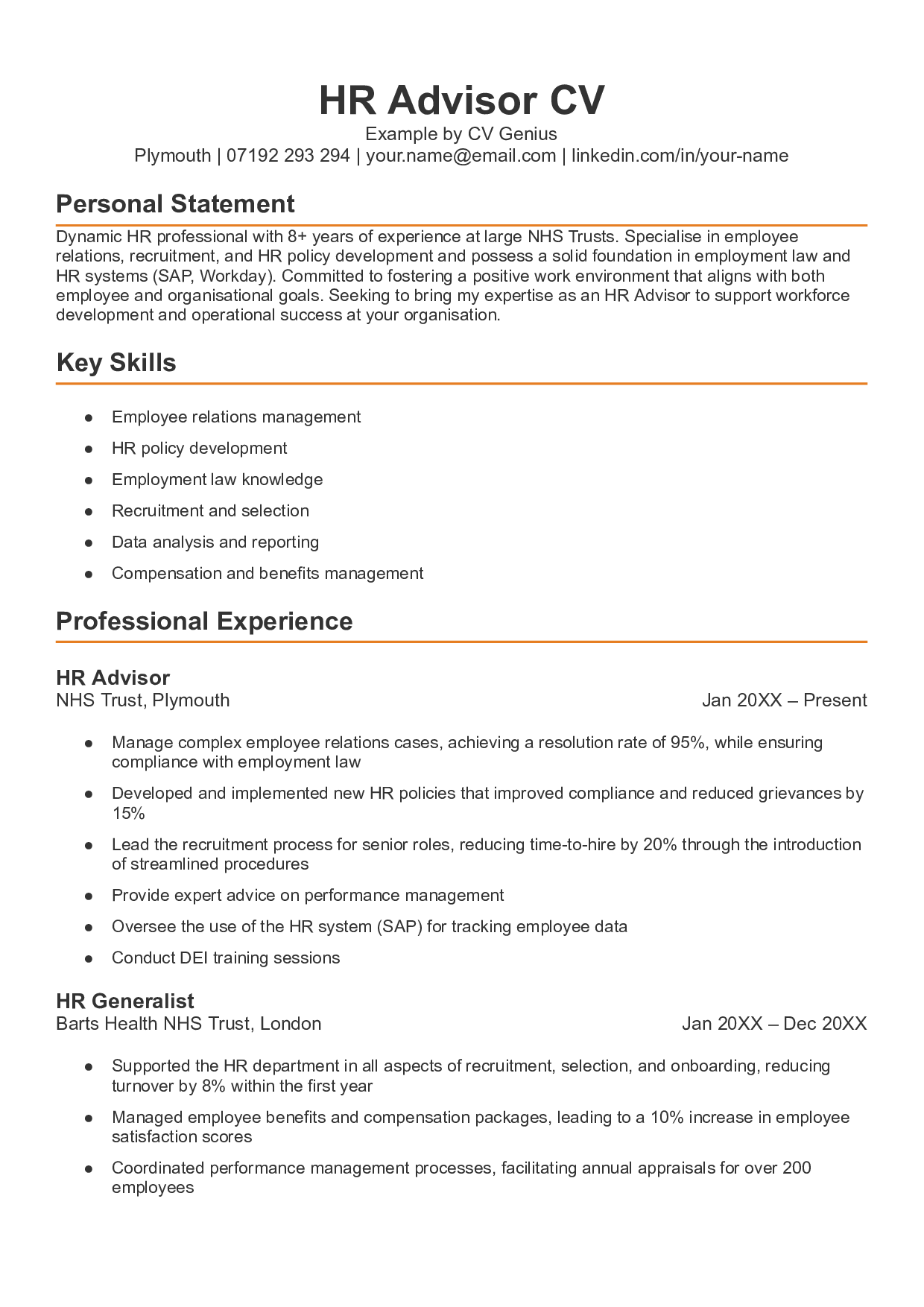 The first page of an HR advisor CV example.