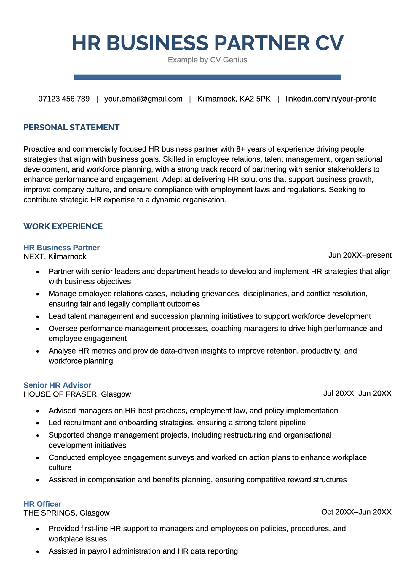 An HR business partner CV example.