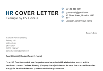 An HR cover letter example on a template with a blue and black header for the applicant's name, followed by blue graphic icons to highlight the applicant's contact details