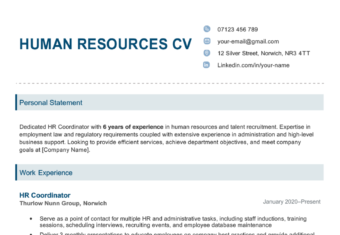 The first page of an HR CV example with blue header text, CV icons for each item in the contact information section, and sections for the applicant's personal statement and work experience section