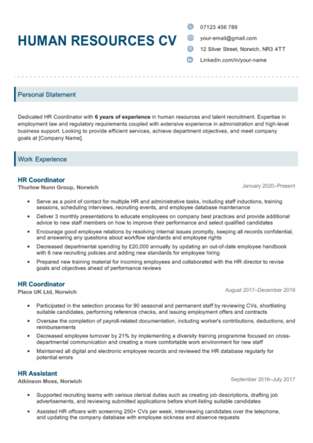 The first page of an HR CV example with blue header text, CV icons for each item in the contact information section, and sections for the applicant's personal statement and work experience section