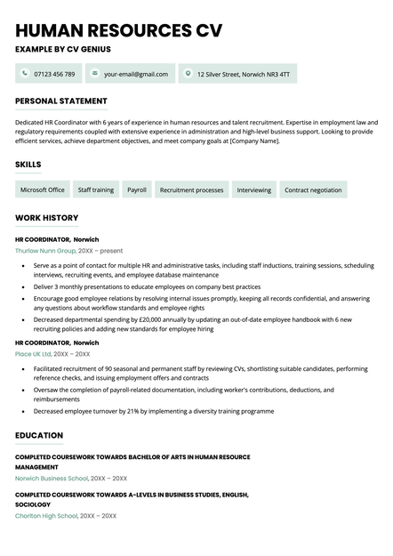 An HR CV using the Bristol CV template skin