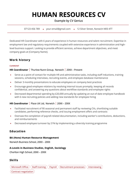 An HR CV using the Canterbury CV template skin