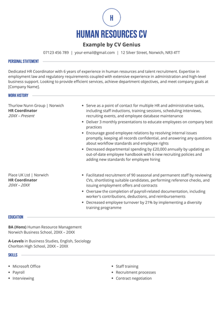 An HR CV using the Chichester CV template skin