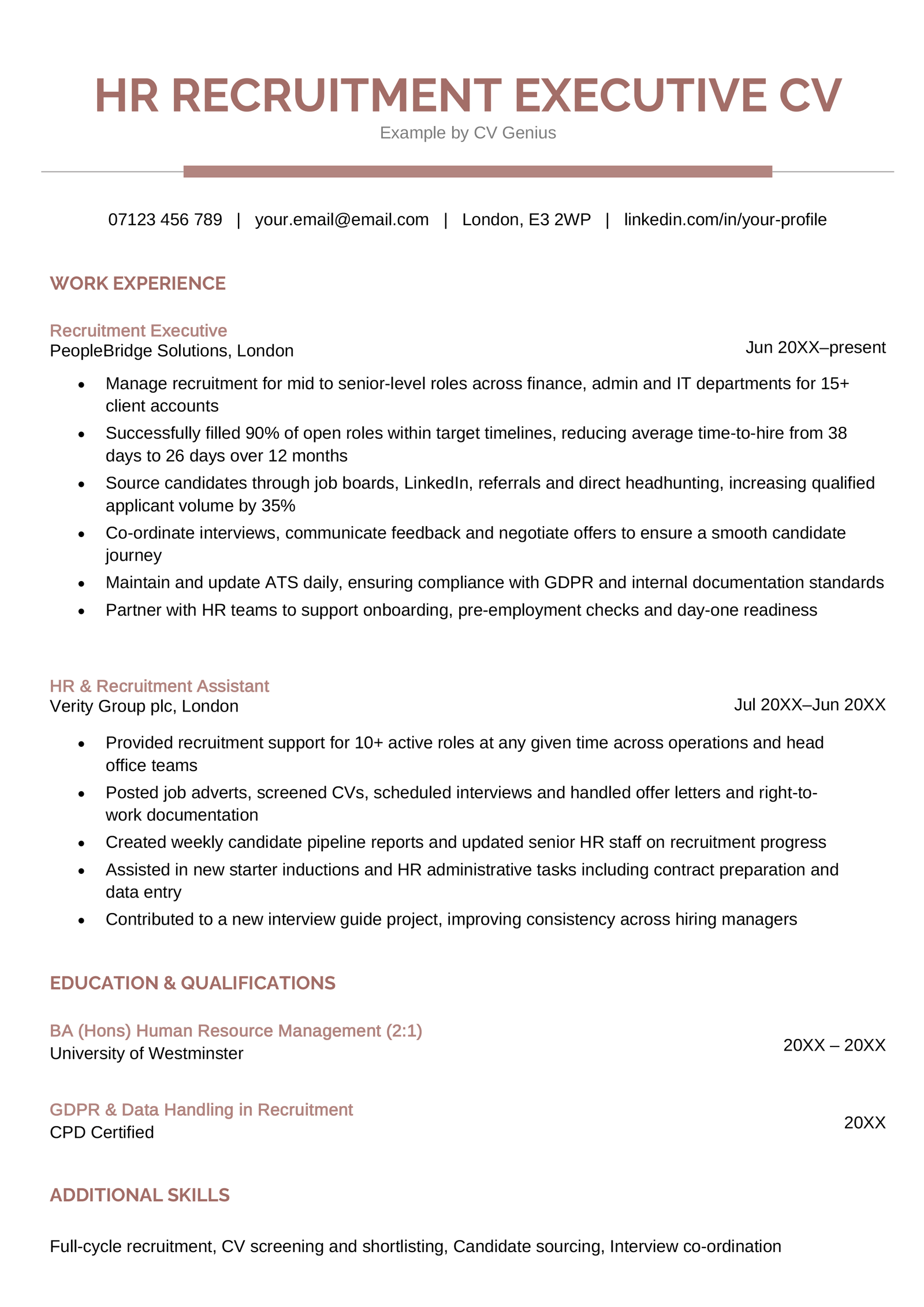 An HR recruitment executive CV example.