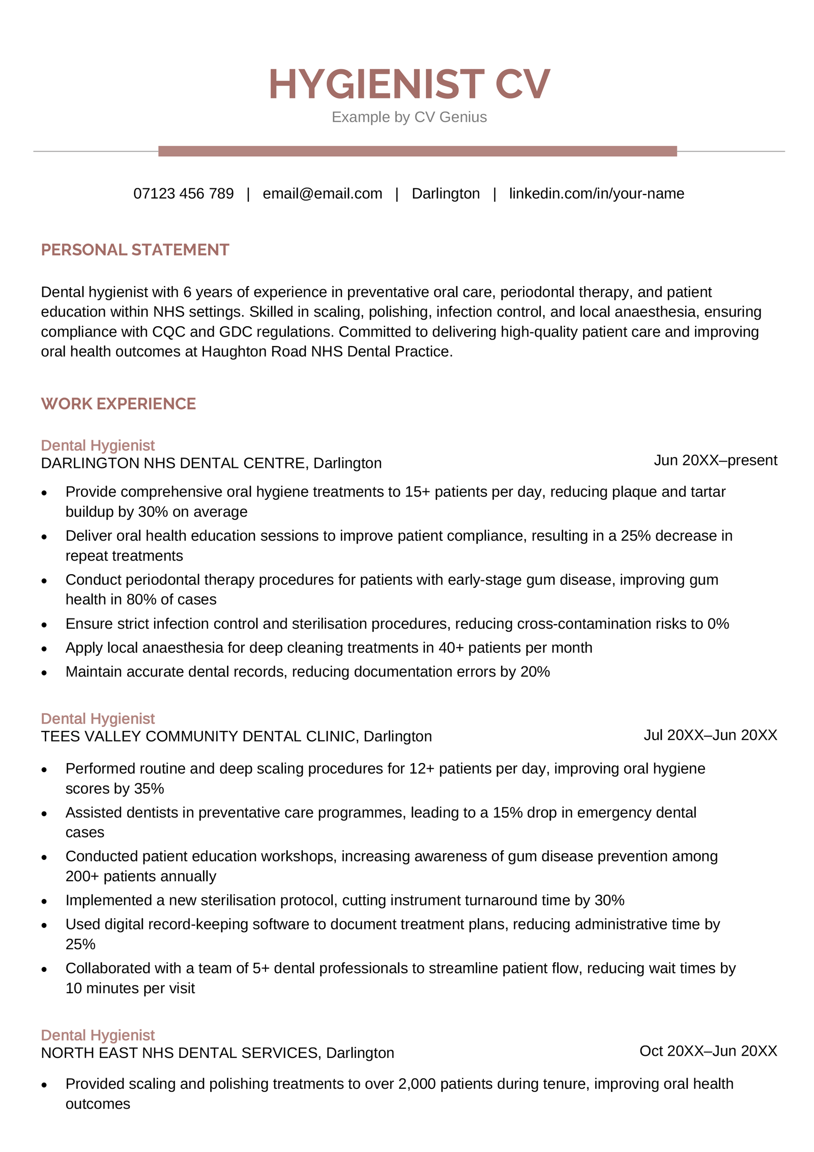 A hygienist CV example.