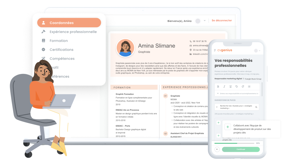 Une femme portant un pull orange crée un CV en ligne grâce au CV designer de CV Genius visible sur son écran.