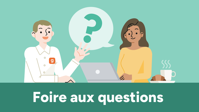 Image intitulée Foire aux questions où figurent un homme et une femme qui consultent l'Internet