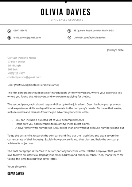 The Imperial cover letter template in black.