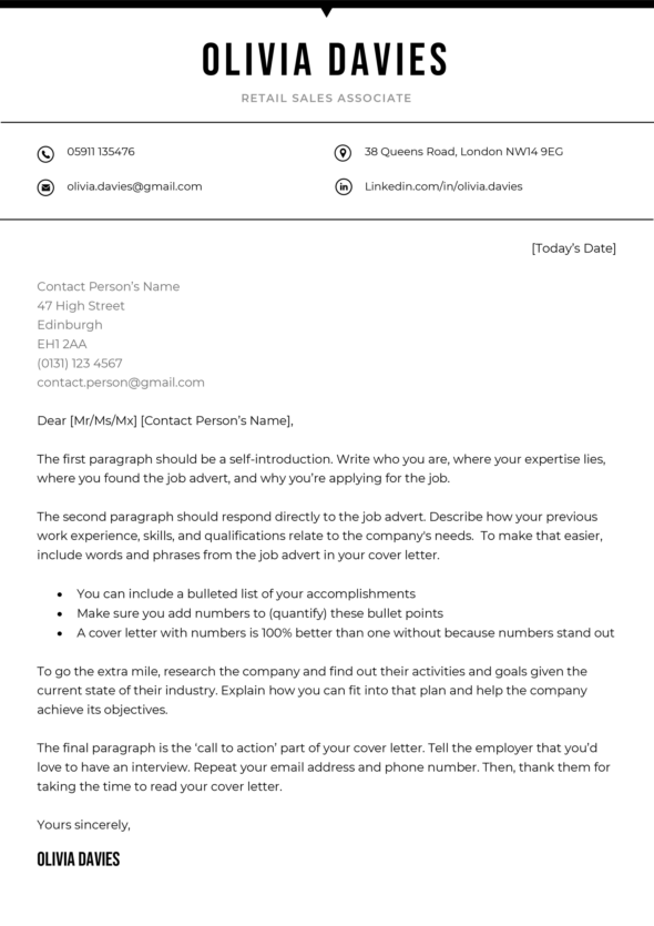 The Imperial cover letter template in black.