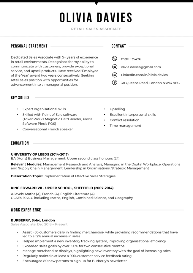 The first page of the Imperial CV template in black.