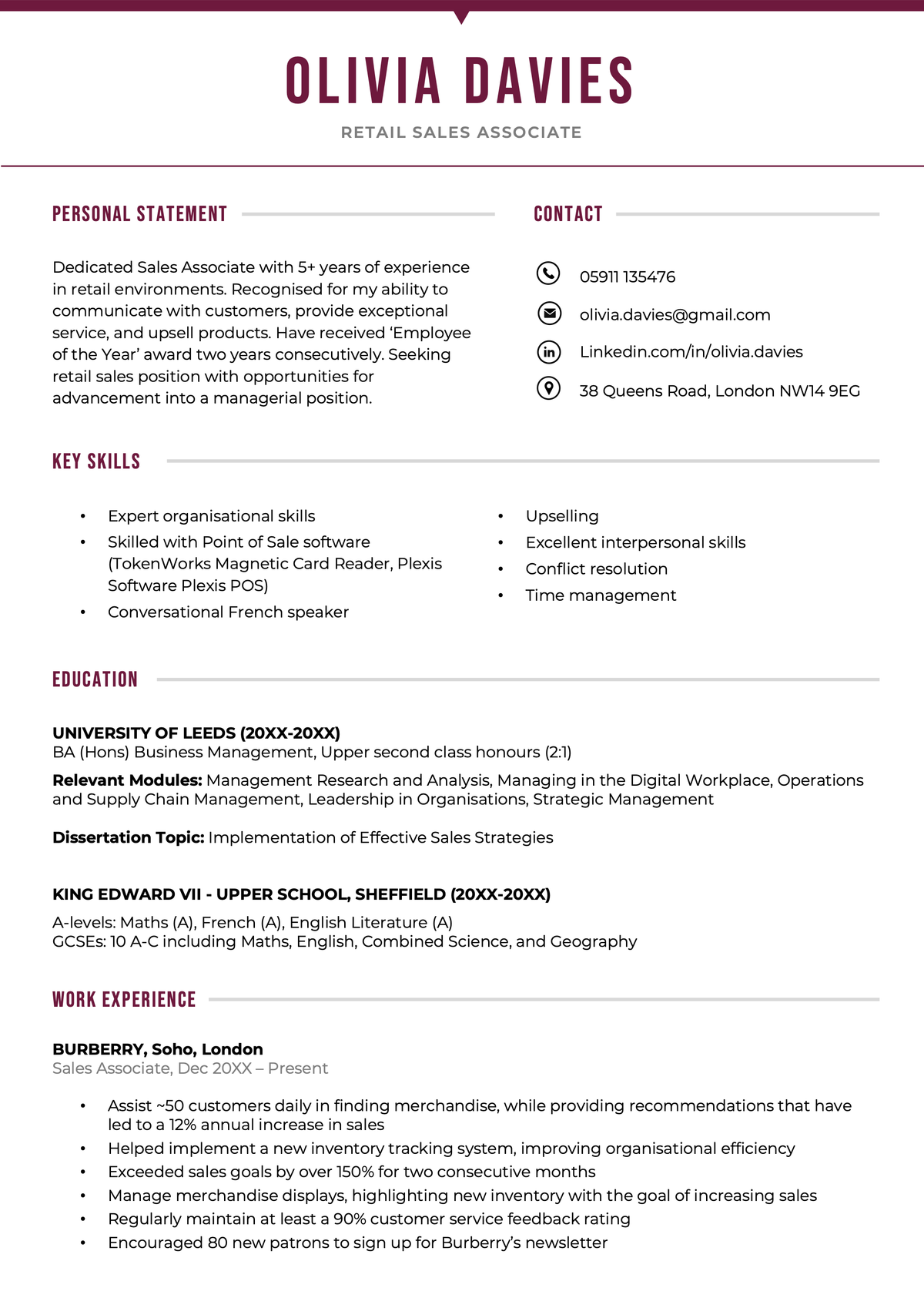 The first page of the Imperial modern CV template.