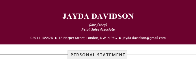 A burgundy CV header showing the applicant's name, pronouns, and contact information.