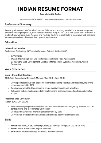 An example of an Indian resume format