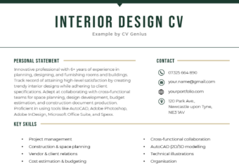 An example of a professional interior design CV on a white and dark green template that effectively highlights the candidate's name, skills, and work experience